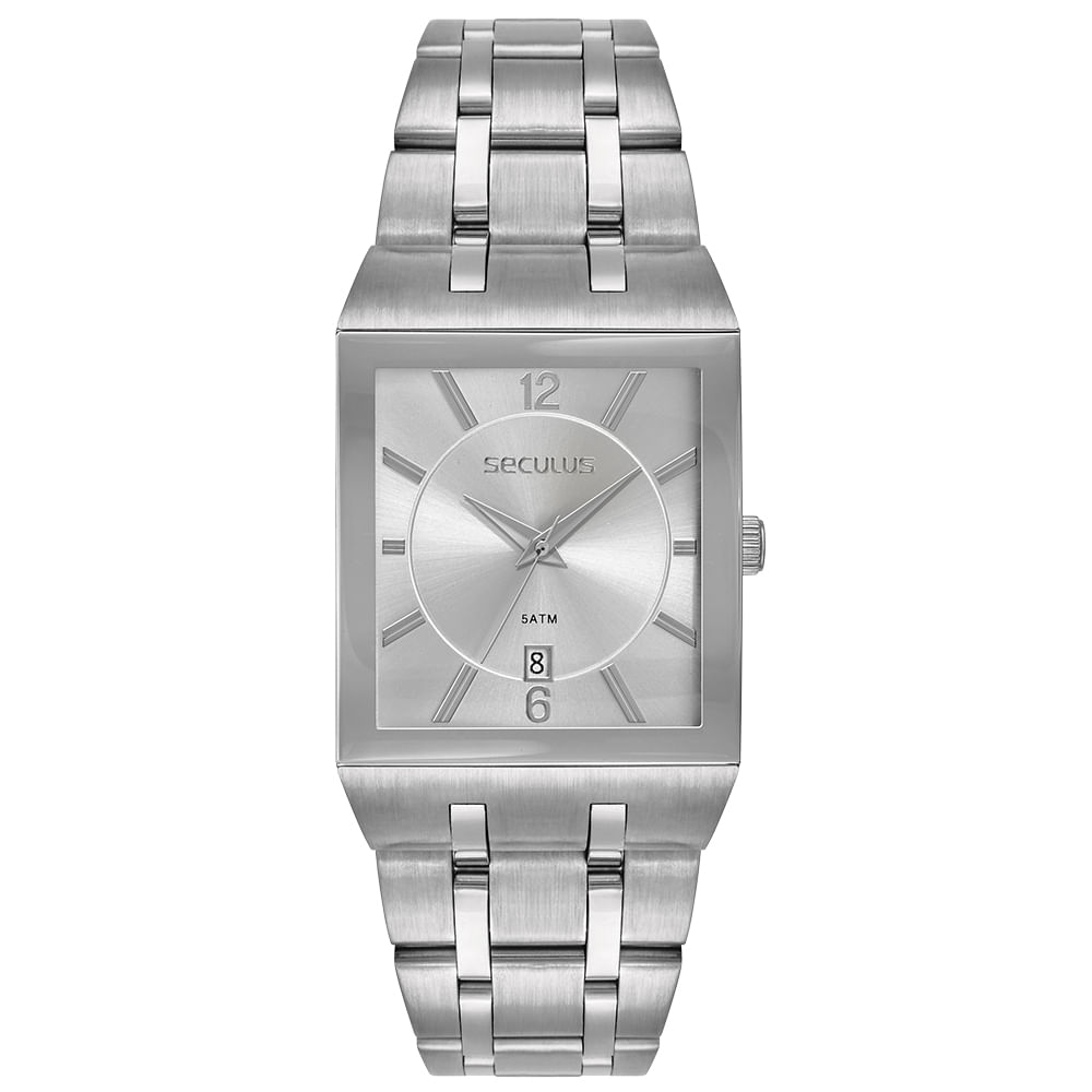 Relógio Masculino Quadrado Calendário Aço Prata