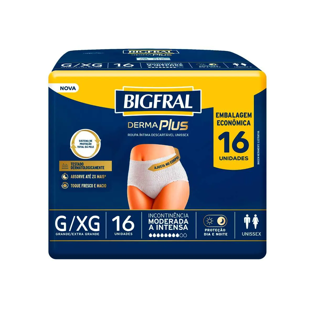 Roupa Íntima Descartável Unissex Bigfral Derma Plus G/Xg Absorção Moderada A Intensa 16 Unidades