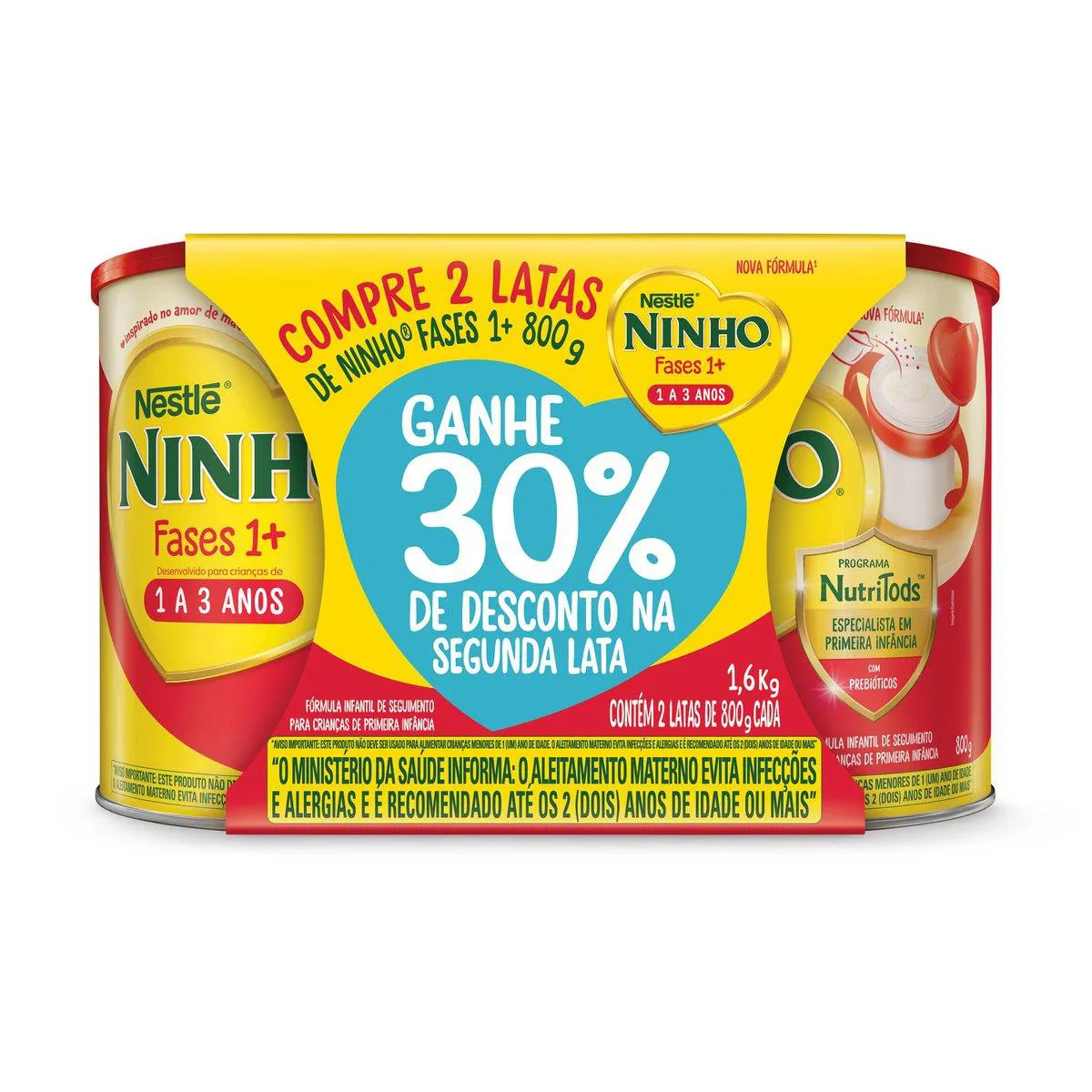 Fórmula Infantil Ninho Fases 1+ Nestlé 1 A 3 Anos Kit 2 Unidades Com 800G Cada
