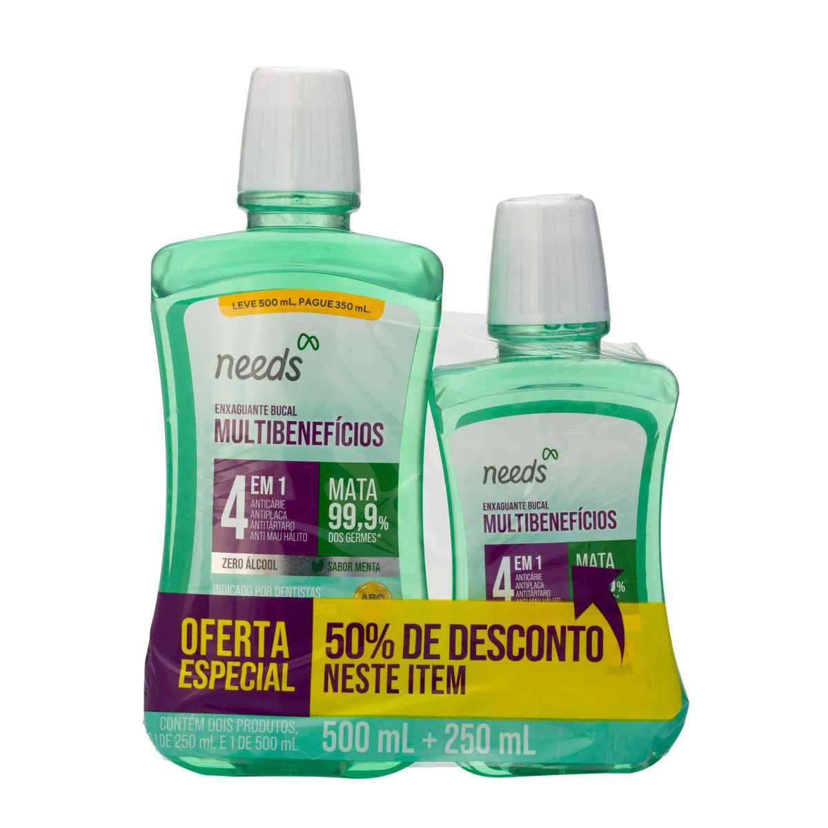 Enxaguante Bucal Needs 4 Em 1 Menta Sem Álcool 500Ml + 250Ml
