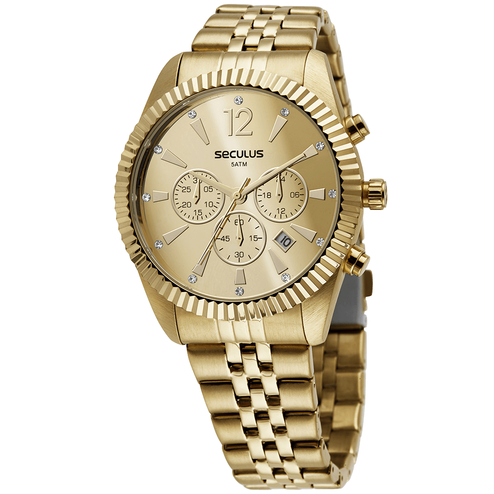 Relógio Feminino Cronógrafo Cristais Dourado