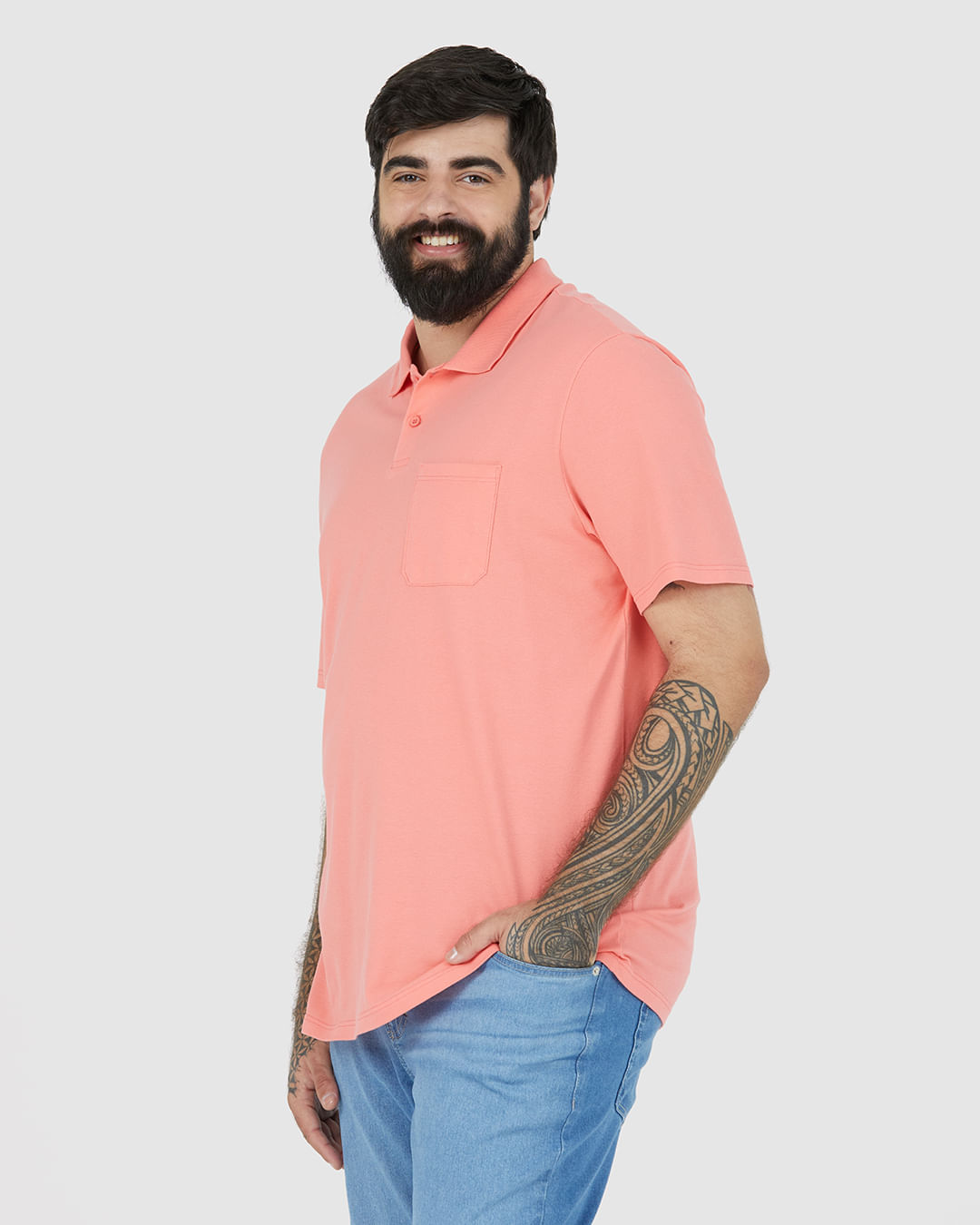 Camisa Polo Básica Masculina Plus Size Bolso Frontal Em Piquet Stretch