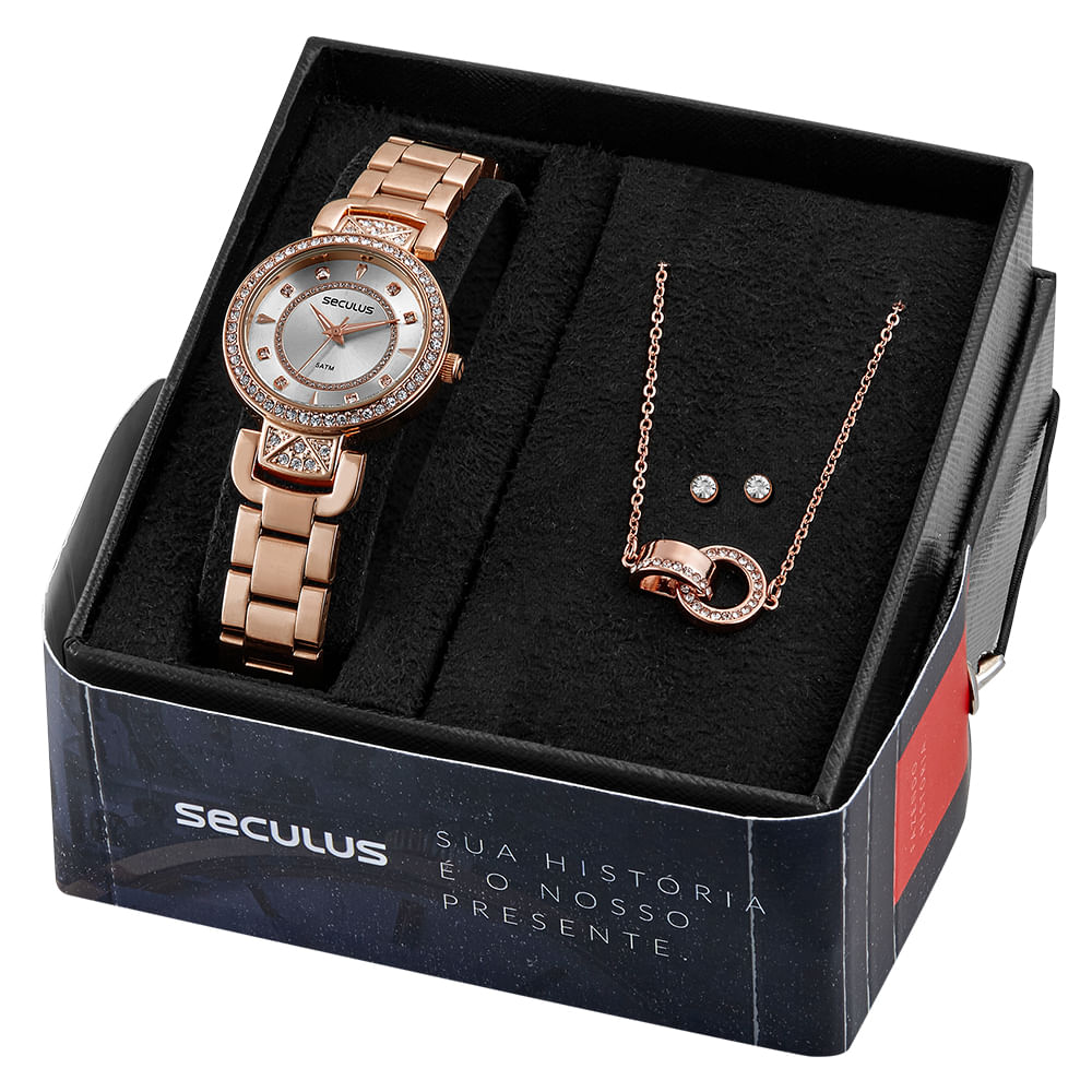 Kit Relógio Feminino Cristais Rosé Com Semijoias