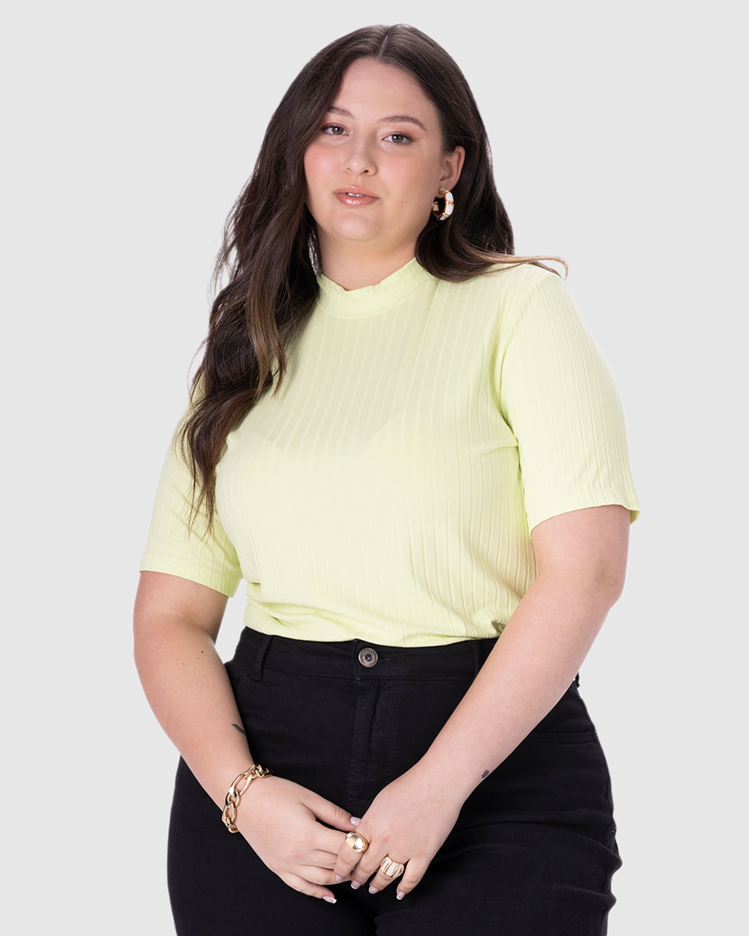 Blusa Feminina Plus Size Gola Alta Em Viscose Canelada