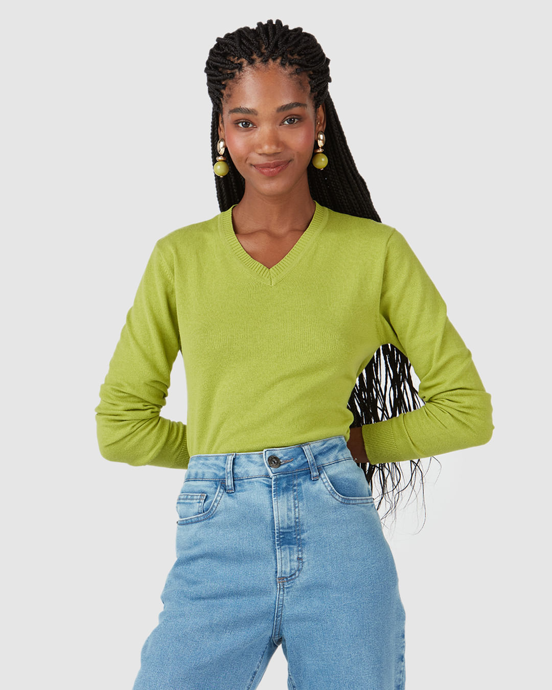 Suéter Básico Feminino Decote V Em Tricô