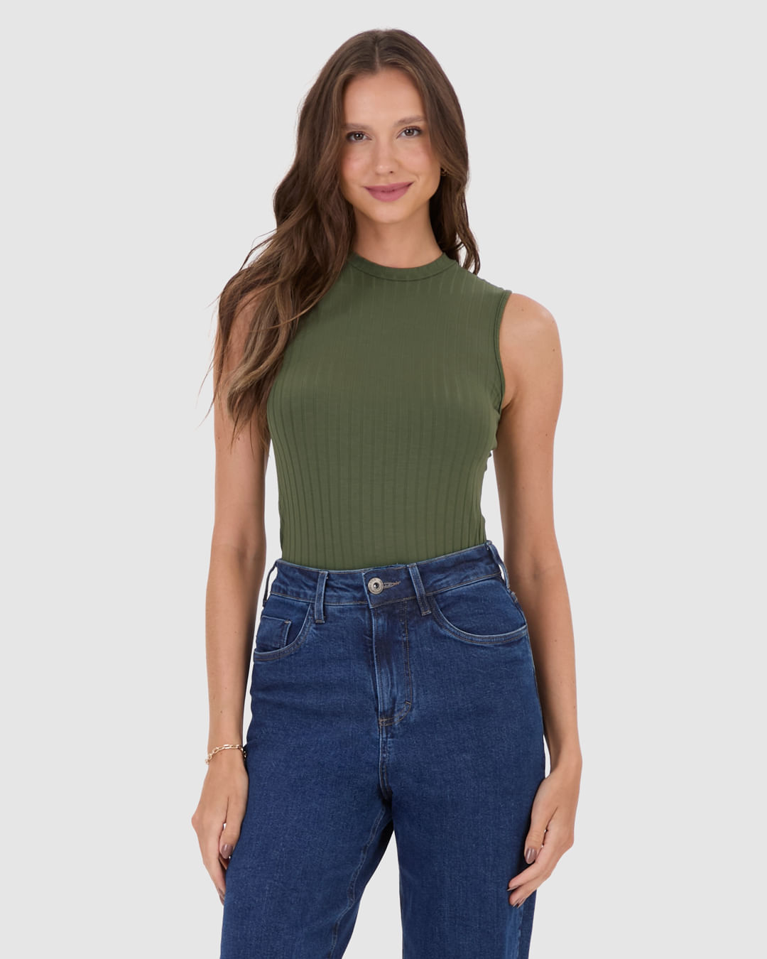 Regata Básica Feminina Gola Alta Em Canelado De Viscose