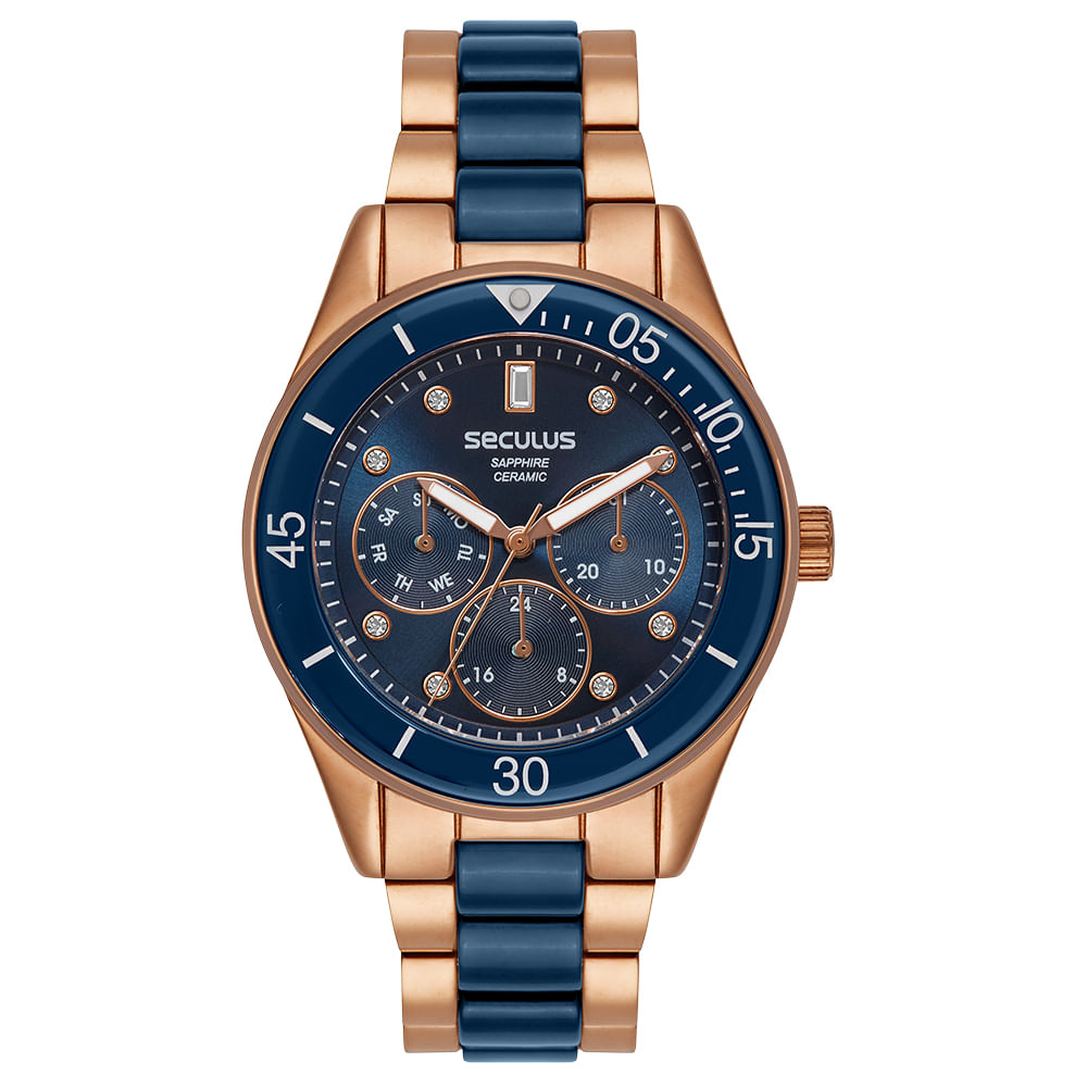 Relógio Feminino Multifunção Cerâmica Azul e Rosé