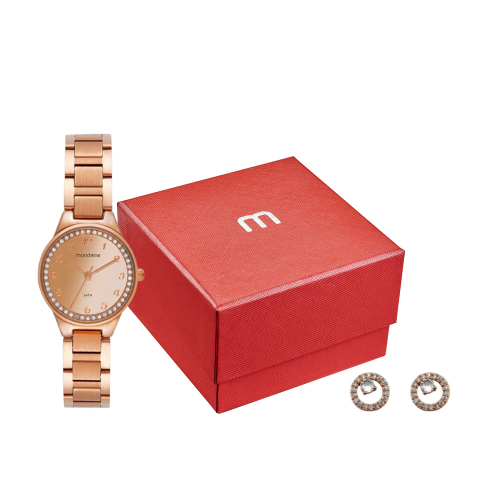 Kit Relógio Feminino Mondaine Espelhado Rosé Com Brinco Cristais