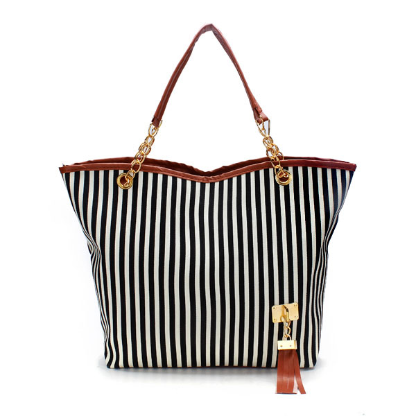 Fashion Women PU Vertical Stripe Tassel Shoulder Bag Handbag