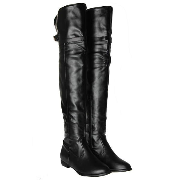Sexy Women Buckle Synthetic Leather Over The Knee Flat High Boots