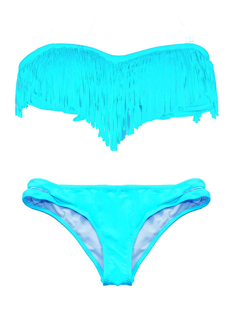 Sexy Ladies Strapless Fringe Bandeau Bikinis Tassel Backless Swimwear Sets