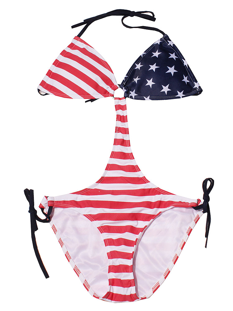 American flag O Ring Adjustable Halter String Monokini Swimwear Bikini