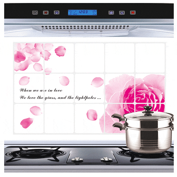 45*75cm Pink Rose Aluminum-foil Paper Oil-proof Wall Sticker Kitchen Waterproof Wall Paper