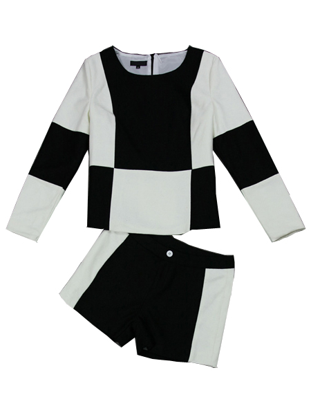 Zanzea Black and White Hit Color Long-Sleeved Shirt Shorts Suit