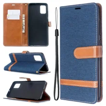 Zakje van leer met stof van jeans in diverse kleuren en standaard voor Samsung Galaxy A51 - Donkerblauw