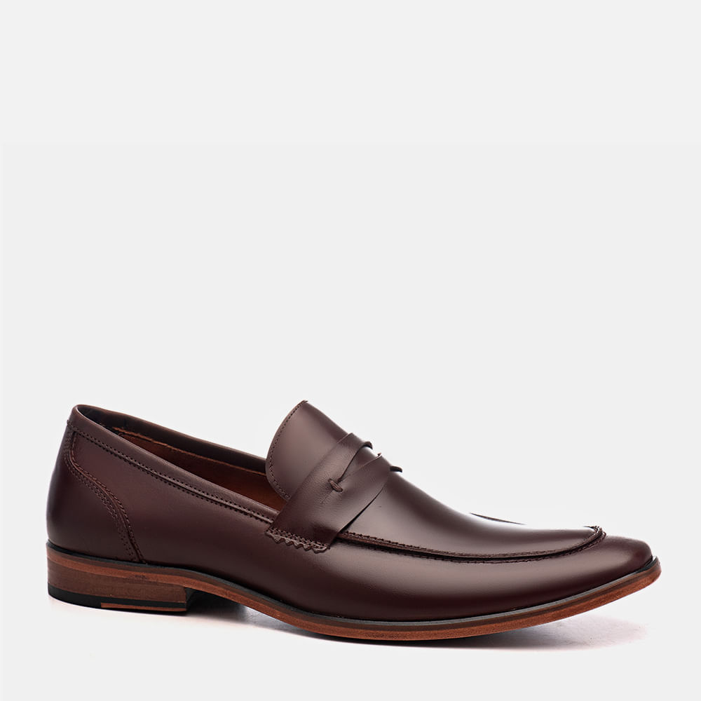 Sapato Social Clássico tipo Loafer ou Mocassim Sem Amarração Feito em Couroo Premium Napa Romana Solado de Couro Masculino Milano Chocolate 12707