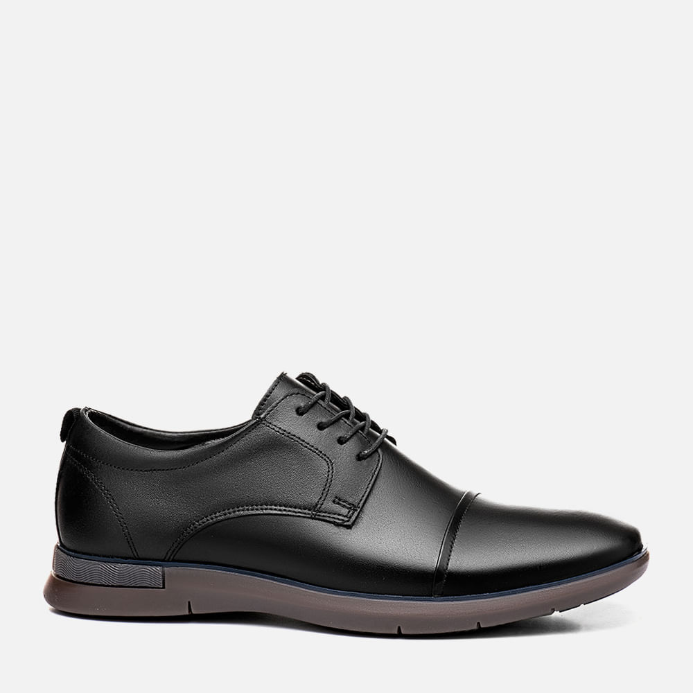Sapato Casual Derby com Amarração Feito em Couro Macio Soft Solado Tricolor Esporte Fino Masculino Milano Preto 13079