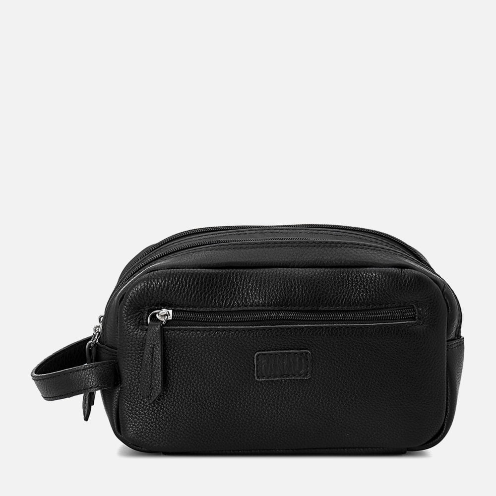 Necessaire Bolsa Viagem Estojo Feito em Couro Floater 2 Divisórias Grande Bolso Frontal Zíper Masculino Milano Preto 13199