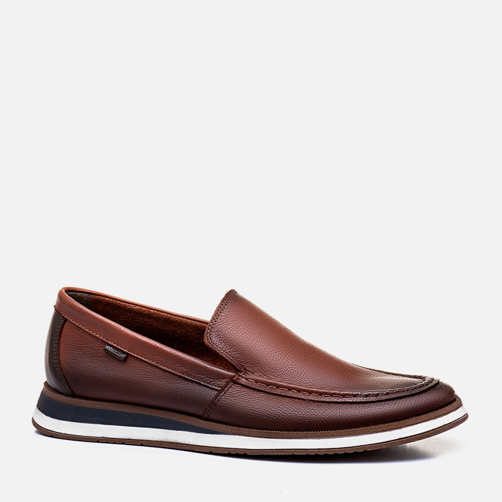Sapato Casual Mocassim Feito em Couro Soft Calce Prático Sem Amarração Slip On Solado Tricolor Costura Aparente Anatômico Masculino Milano Tan 13216