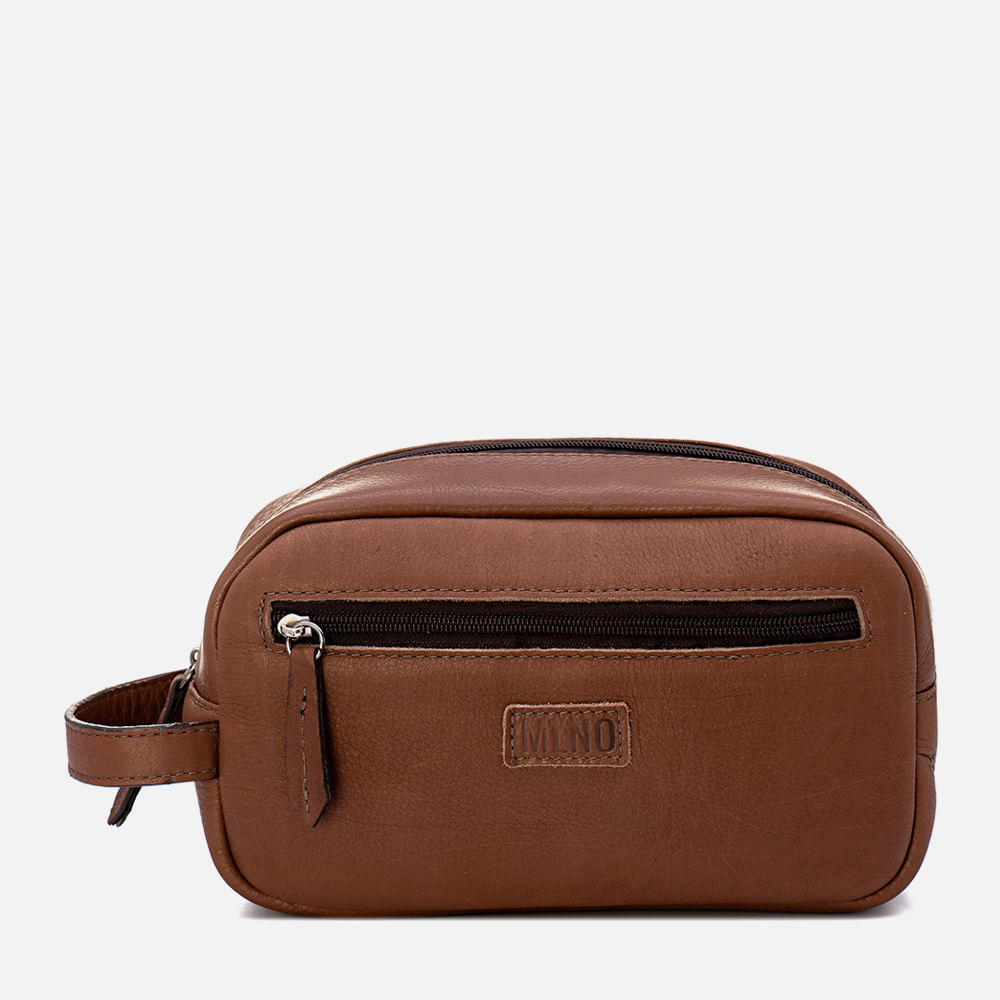Necessaire Bolsa Viagem Estojo Feito em Couro Floater 2 Divisórias Grande Bolso Frontal Zíper Masculino Milano Preto 13199