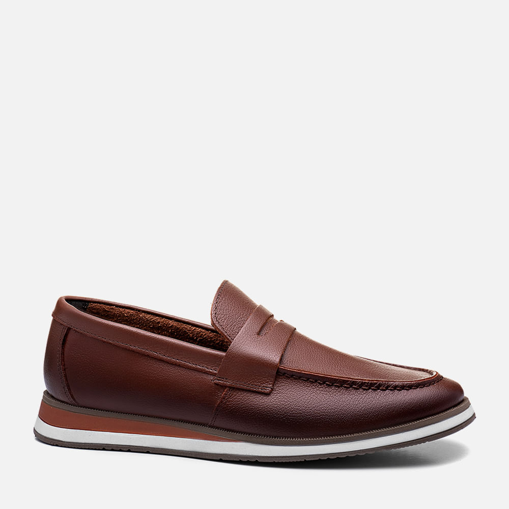 Sapato Casual Mocassim Loafer Feito em Couro Soft Calce Prático Sem Amarração Slip On Solado Tricolor Esporte Fino Masculino Milano Tan/tan 13387