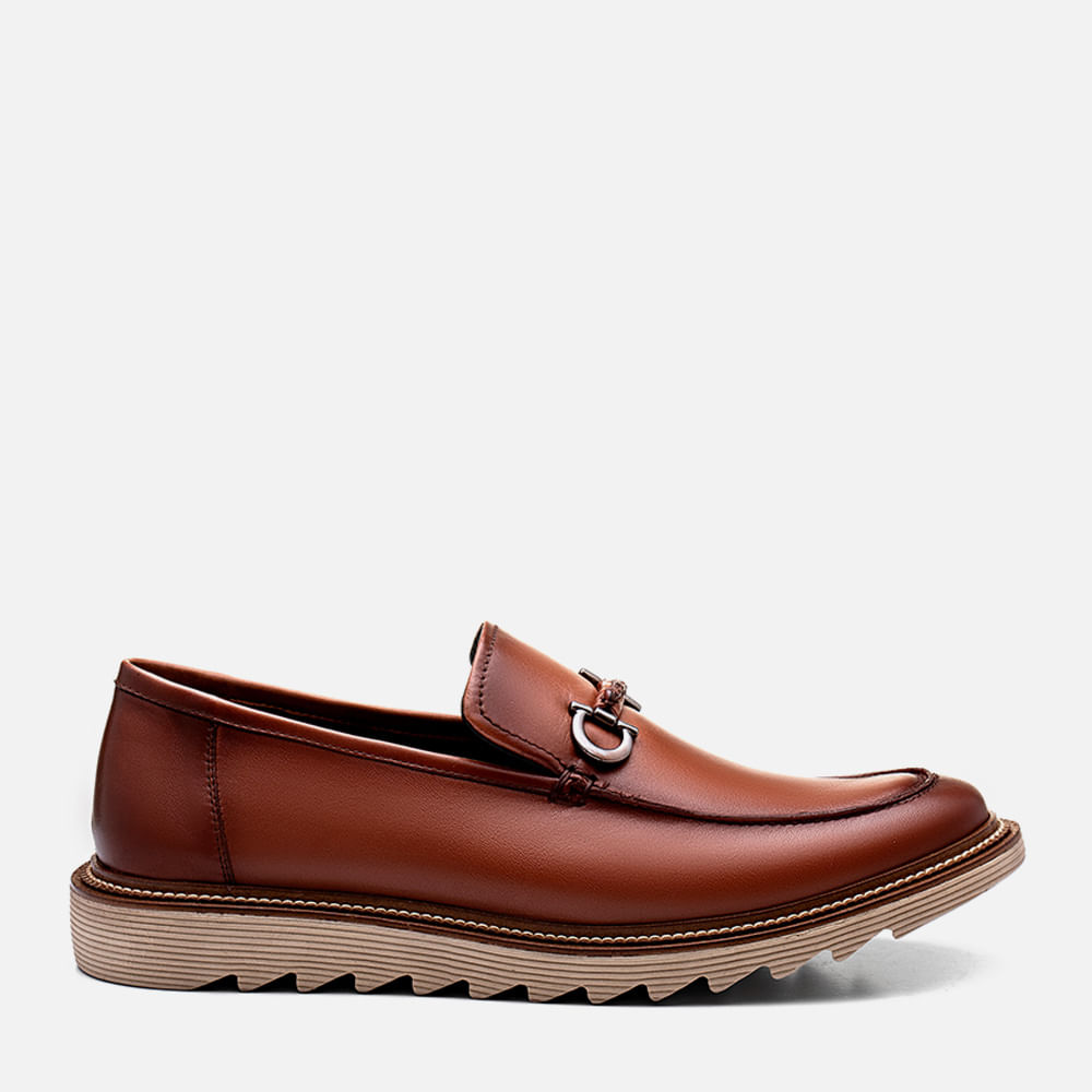 Sapato Casual Mocassim Feito em Couro Napa Premium Acabamento à Mão Sem Amarração Gravata com Metal Solado Tratorado Masculino Milano Havana 13580