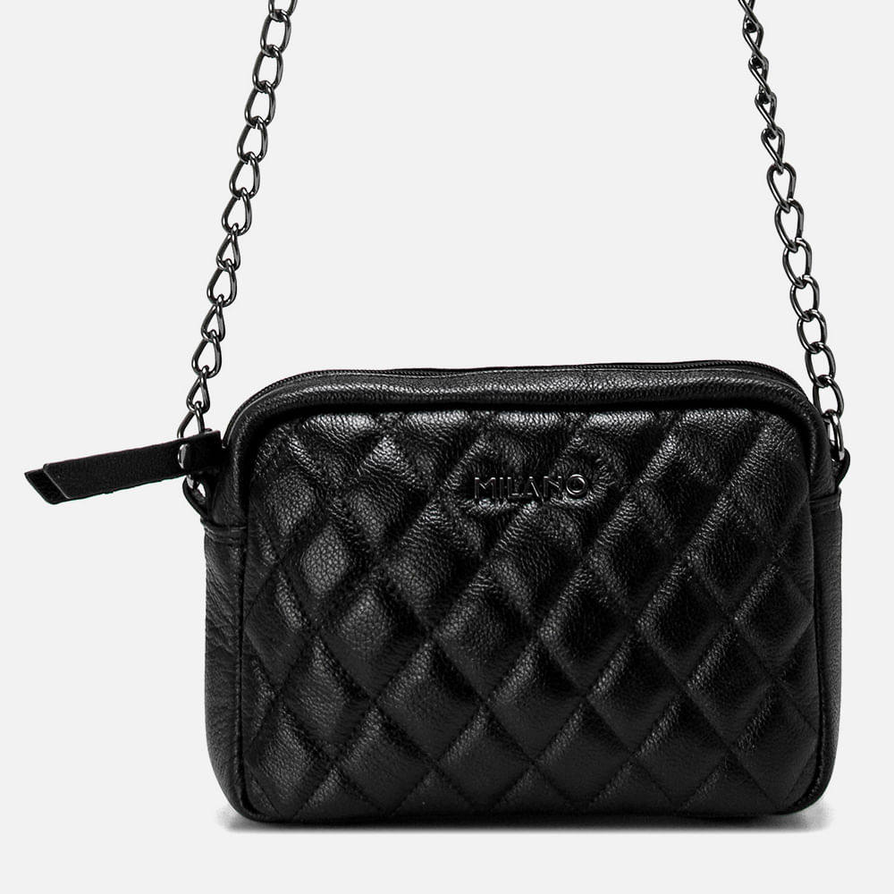 Bolsa Tiracolo ou Transversal Feita em Couro Pequena Matelassê Corrente na Alça Feminina Milano Preto 13600