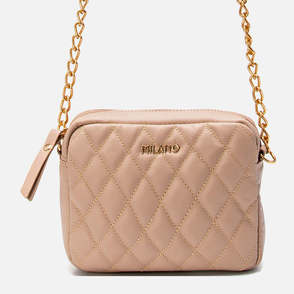 Bolsa Tiracolo ou Transversal Feita em Couro Pequena Matelassê Corrente na Alça Feminina Milano Nude 13600
