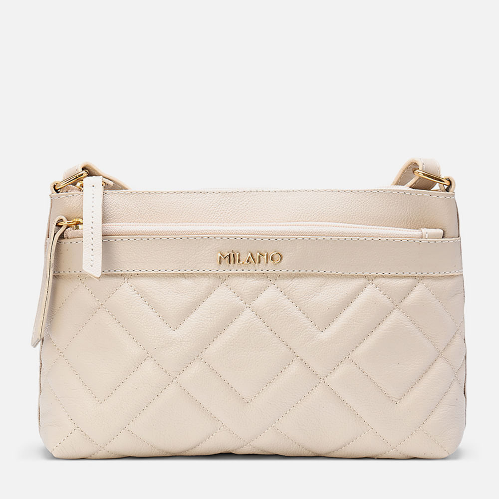 Bolsa Pequena Tiracolo ou Transversal Feita em Couro com Textura Matelassê e Bolso Externo com Zíper Feminina Milano Off White 13871