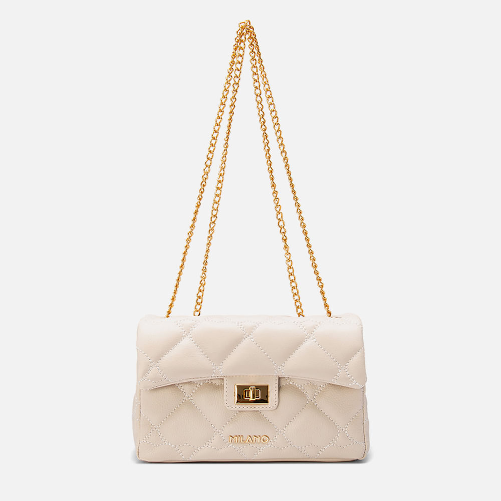 Bolsa Tiracolo Média Feita em Couro Alça Corrente 2 em 1 Feminina Milano Off White 13853