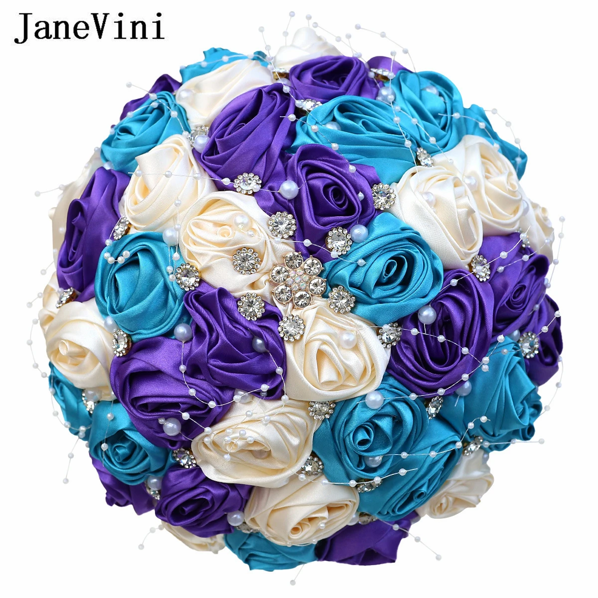 JaneVini Peacock Blue Purple Wedding Bouquets with Rhinestones Crystals Pearls Artificial Bride Flower Bridal Bouquet Marie Bleu
