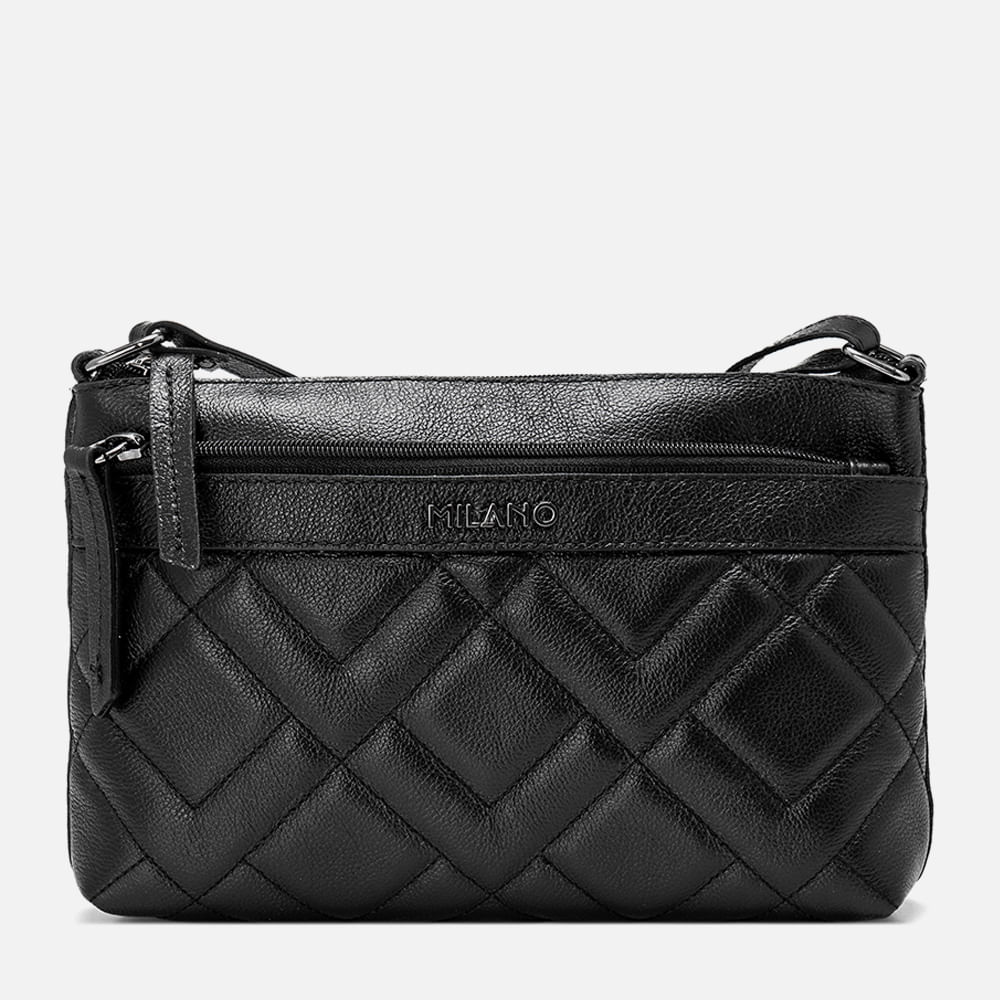 Bolsa Pequena Tiracolo ou Transversal Feita em Couro com Textura Matelassê e Bolso Externo com Zíper Feminina Milano Preto 13871
