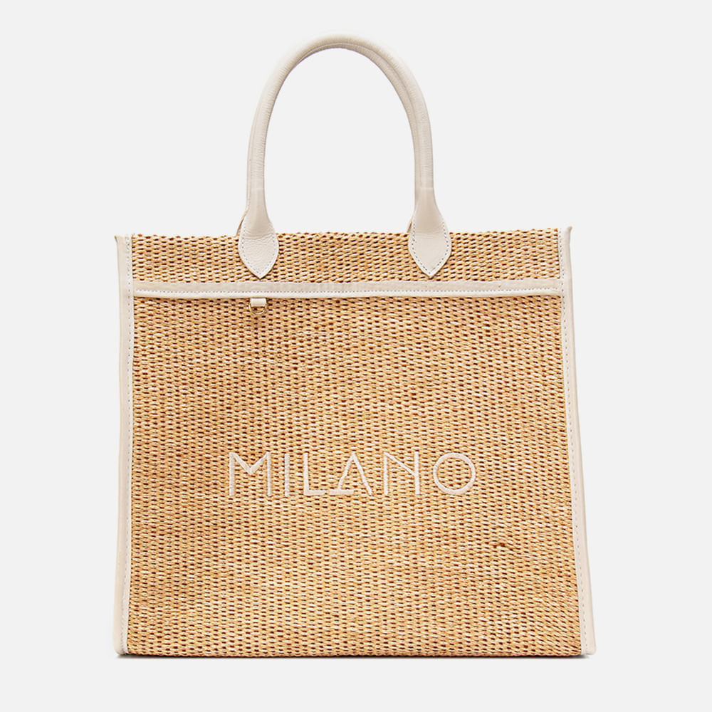 Bolsa Sacola de Mão Grande Palha Tramada Natural e Couro Bordado Logomania Milano Feminina Milano Bege/off White 13956