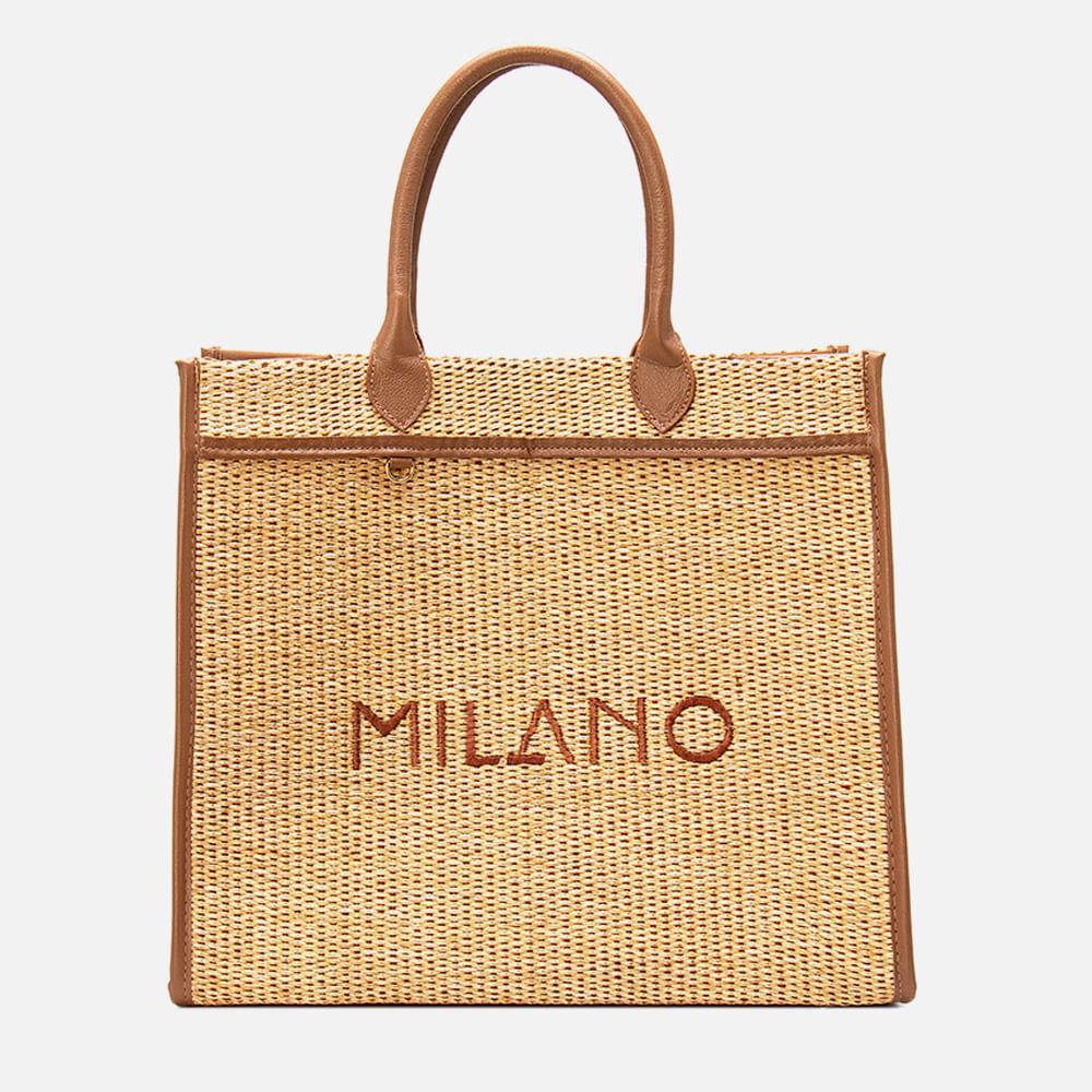 Bolsa Sacola de Mão Grande Palha Tramada Natural e Couro Bordado Logomania Milano Feminina Milano Bege/camel 13956