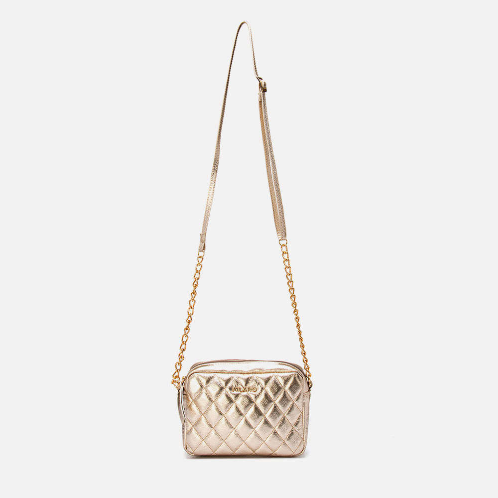 Bolsa Tiracolo ou Transversal Feita em Couro Pequena Matelassê Corrente na Alça Feminina Milano Champagne 13600