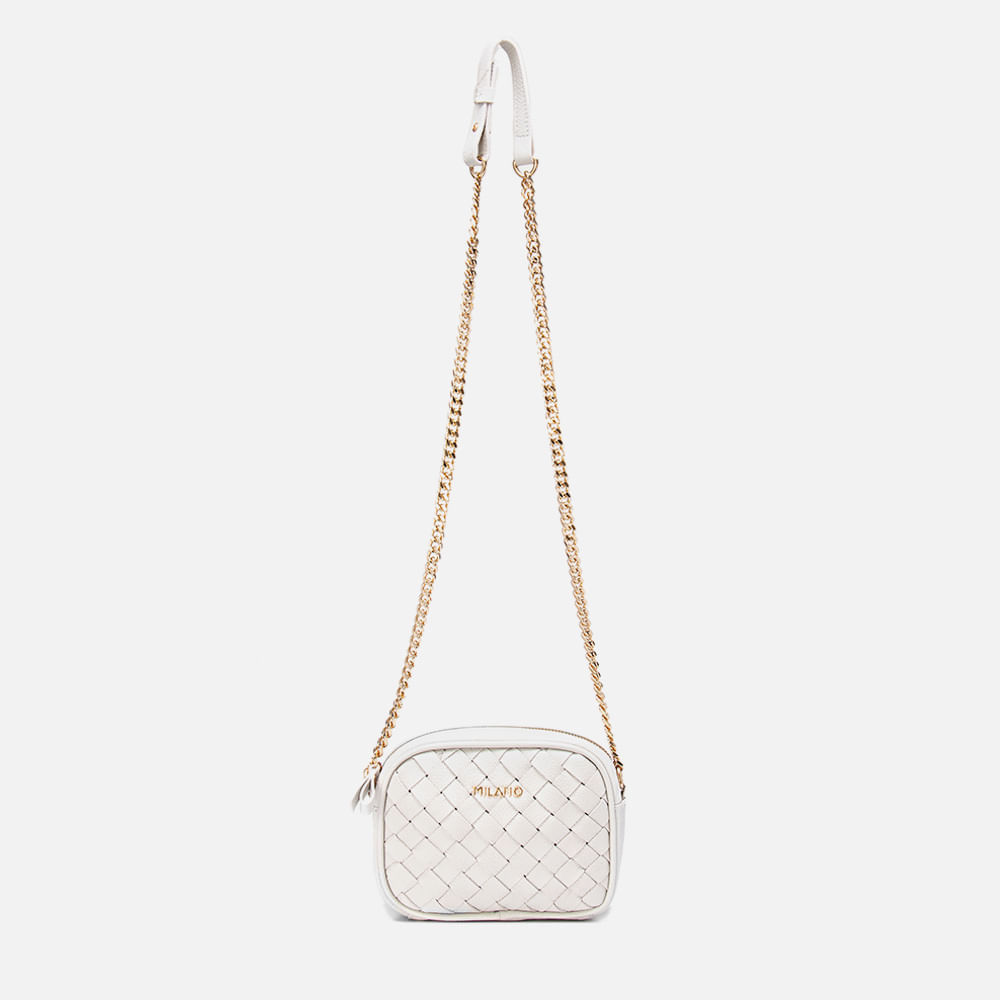 Bolsa Pequena Tiracolo ou Transversal Feita em Couro Tramado Tressê Feito à Mão Alça Corrente Feminina Milano Off White 13957