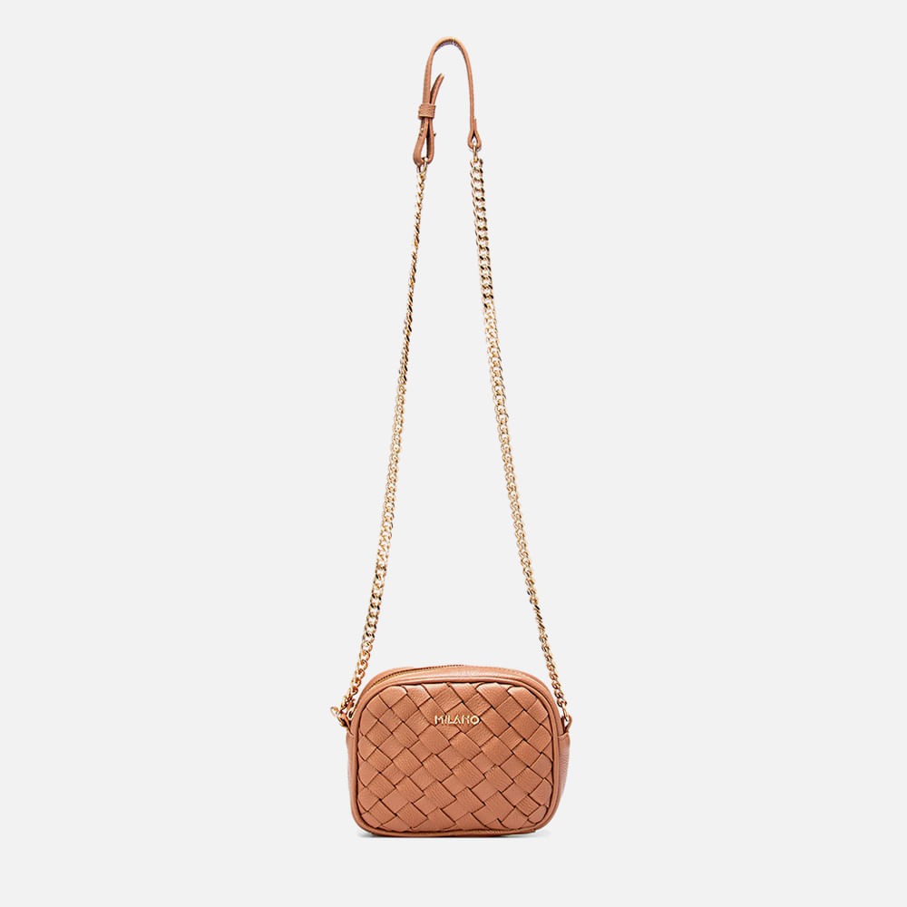 Bolsa Pequena Tiracolo ou Transversal Feita em Couro Tramado Tressê Feito à Mão Alça Corrente Feminina Milano Palenut 13957