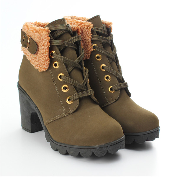 Womens Faux Fur Lace Up Ankle Boots High Chunky Heels Shoes