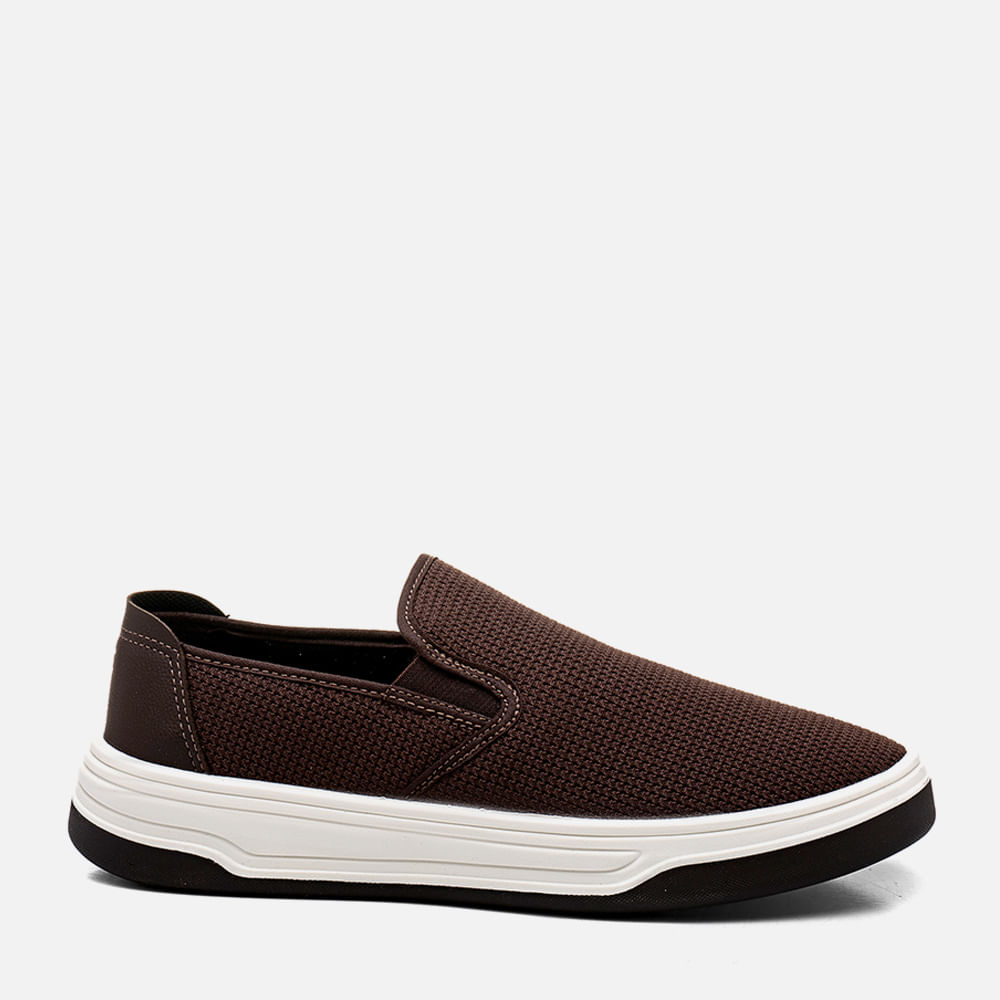 Sapatênis Tipo Slip On Calce Prático sem Amarração Malha Mesh e Couro Solado Bicolor Palmilha Forrada em Couro Masculino Milano Café 14054