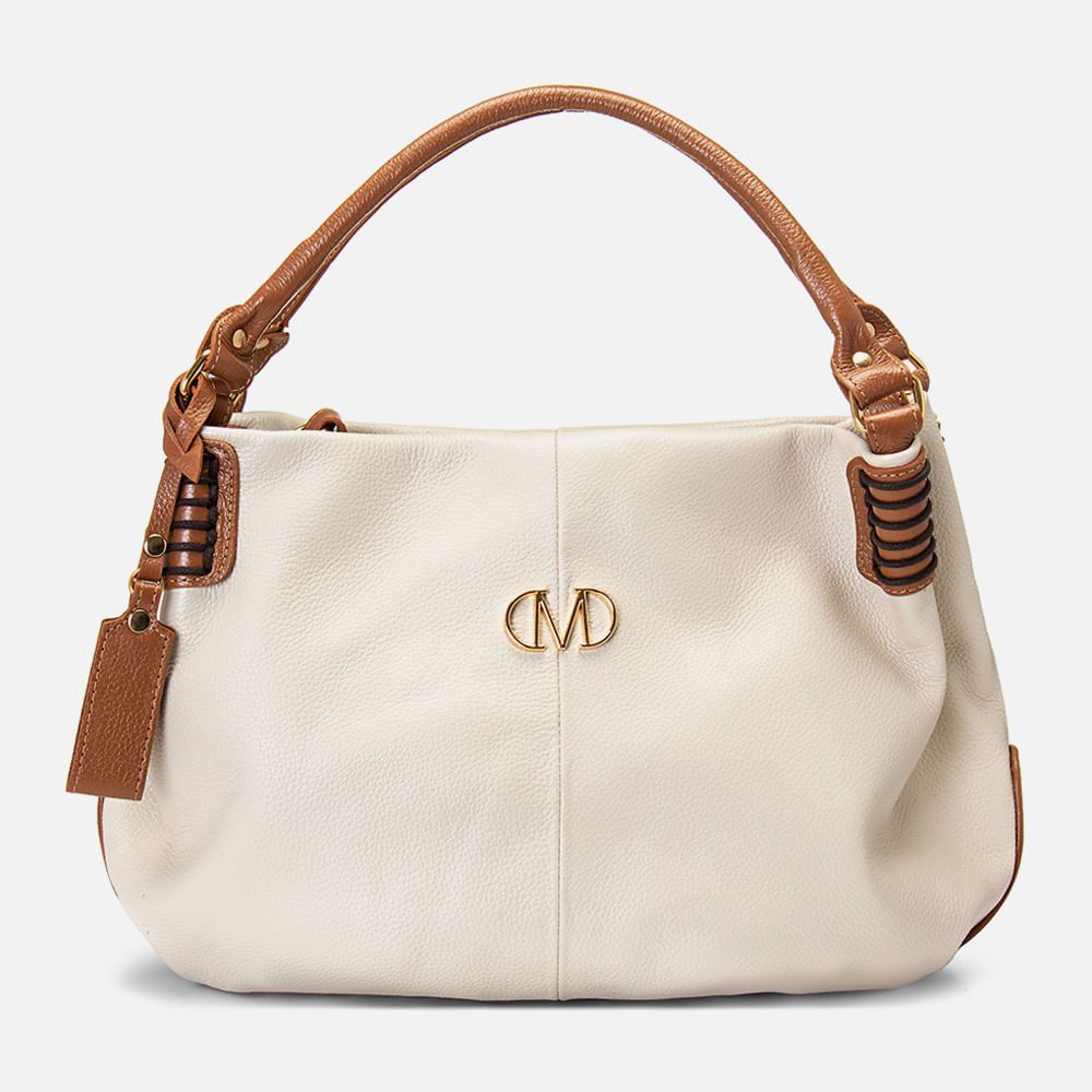 Bolsa Hobo Feita em Couro de Ombro com Alça Tiracolo e Transversal Opcional Tamanho Grande Formato Saco Milano Off White/caramelo 14211