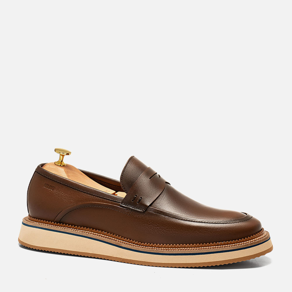 Sapato Casual Mocassim ou Loafer sem Amarração Linha Prime Premium Feito em Couro Macio Napa Soft Amortecedor Biolatex Masculino Milano Whisky 14097