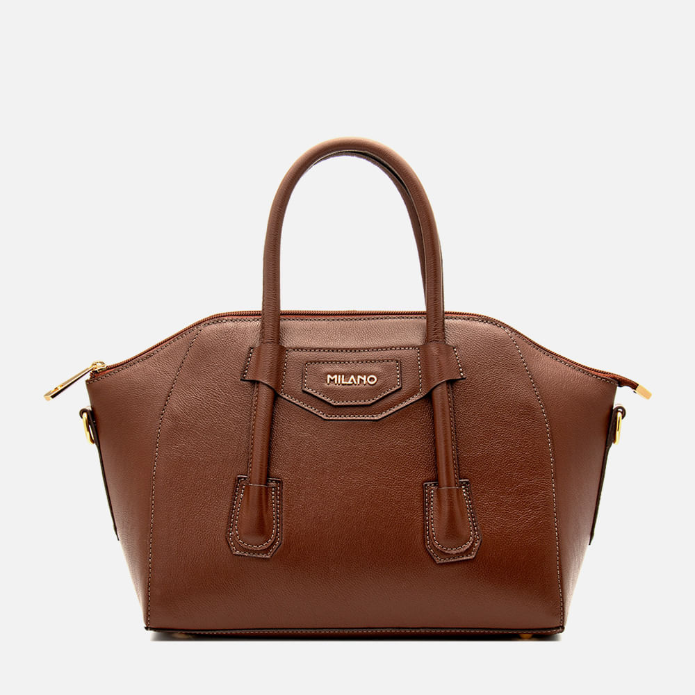 Bolsa Feita em Couro Tote Média Alças de Mão e Tiracolo ou Transversal Opcional Feminina Milano Pinhão 14326