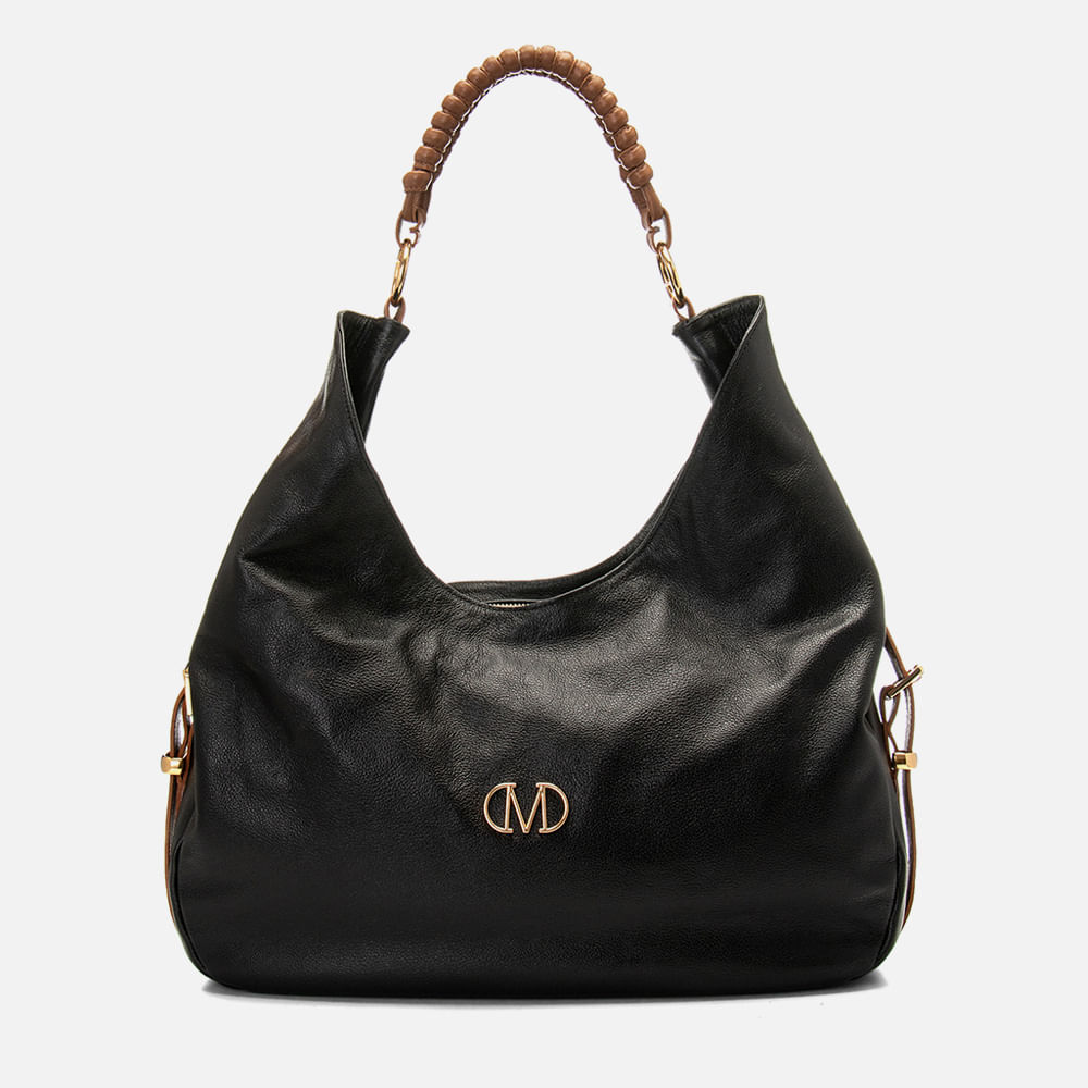 Bolsa Hobo ou Meia Lua Grande Feita em Couro Ombro Saco Alça Trançada Feminina Milano Preto/camel 14668