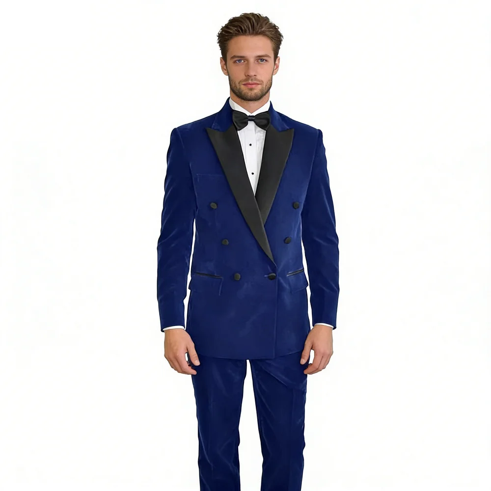 Terno de veludo azul royal masculino, lapela de pico, blazer trespassado, terno noivo, jaqueta de jantar, calça, 2 peças