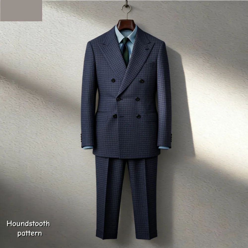 Outono inverno novo terno de lã masculino 2 peças conjunto houndstooth terno sob medida jaqueta calças bege preto terno de negóc