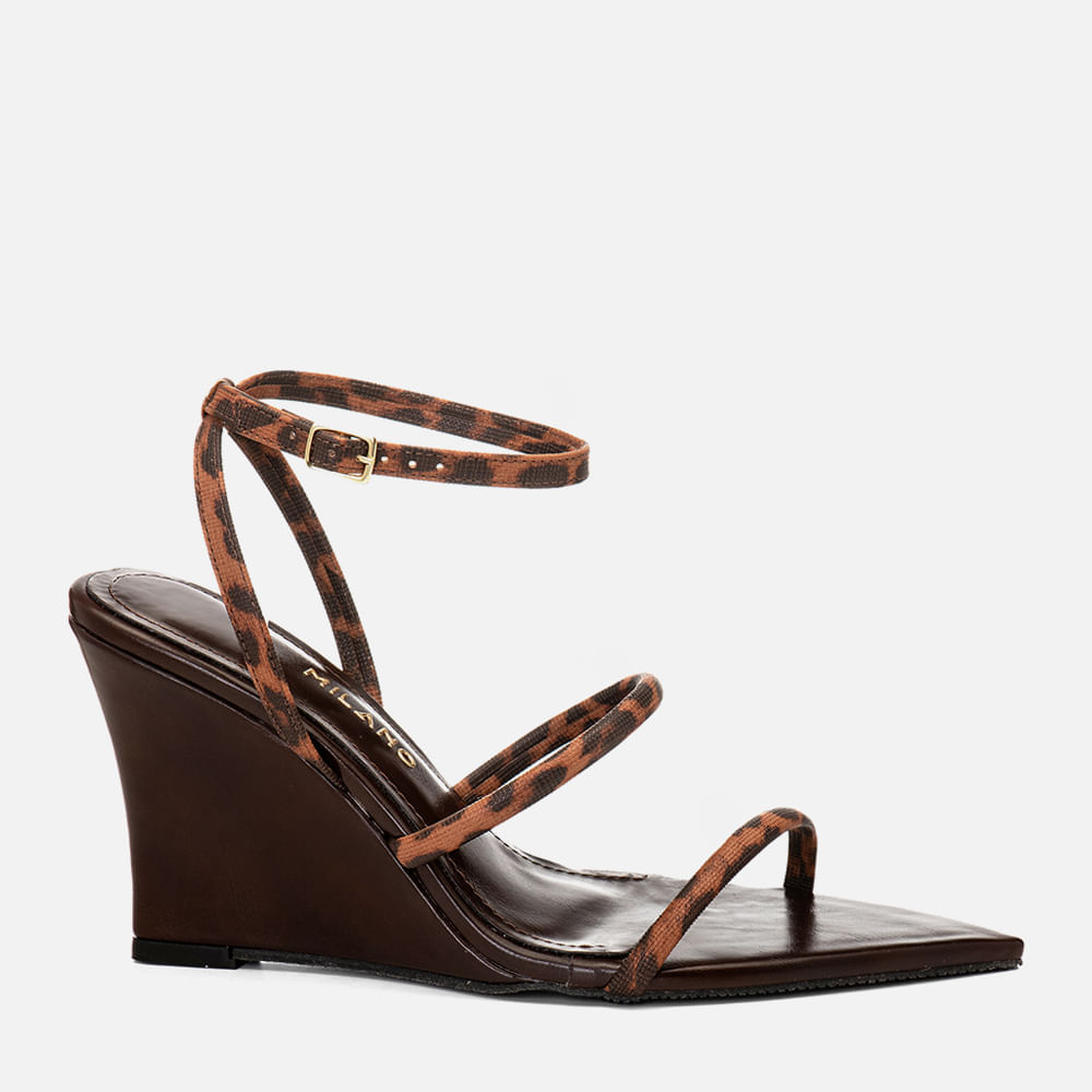 Sandália Anabela Salto Alto Bico Folha e Tiras Estruturadas Coloridas Feminino Milano Onça 14726