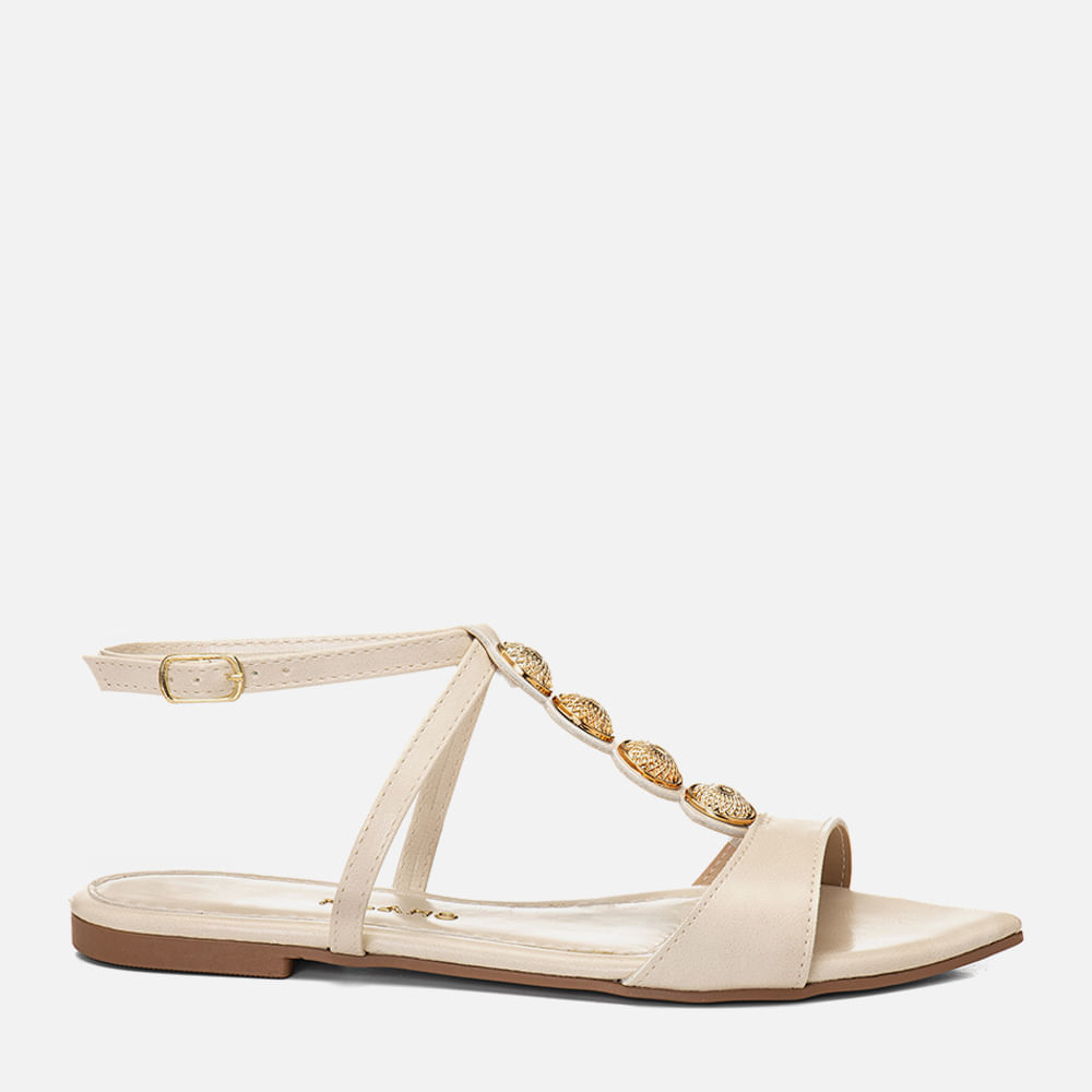 Sandalia Rasteira Bico FolhaTiras Cruzadas Brilho Medalha Metalizada Feminino Milano Off White 14758