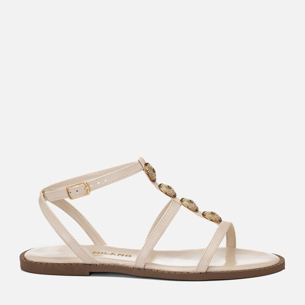 Sandalia Rasteira Tiras Cruzadas Brilho Medalha Metalizada Feminino Milano Off White 14755