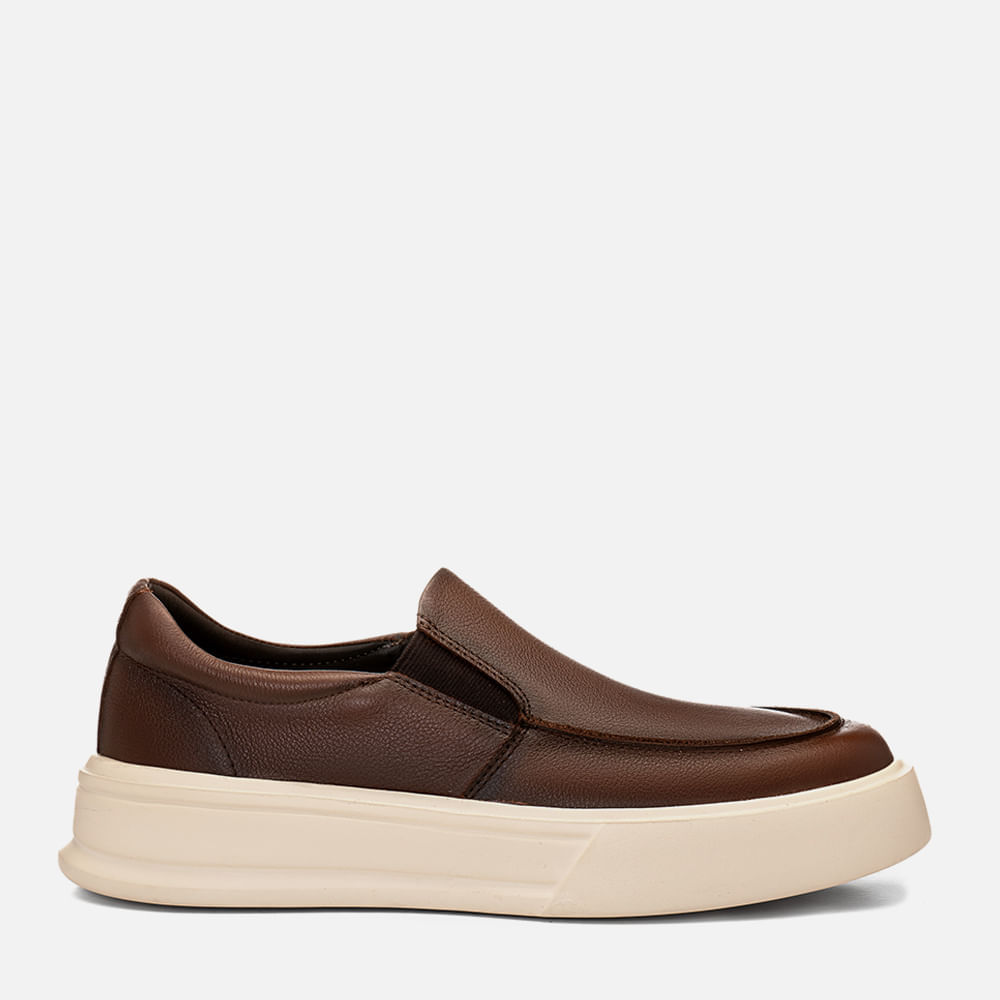 Tênis Casual Slip On Couro Plumê Sola Alta EVA Tech Ultra Leve Masculino Milano Dark Whisky 14785