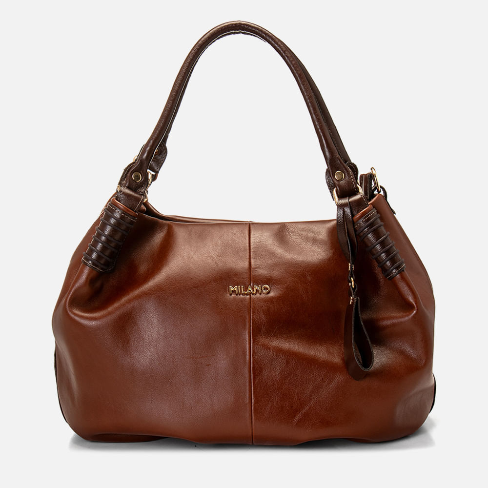 Bolsa Hobo Feita em Couro de Ombro com Alça Tiracolo e Transversal Opcional Tamanho Grande Formato Saco Milano Havana/Pinhao 14211